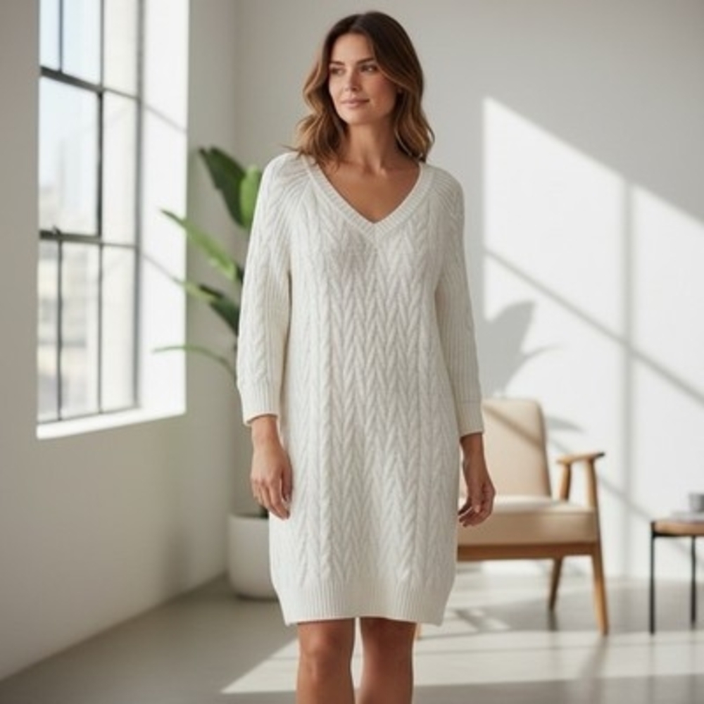 Black Tape Cable Knit Sweater Dress White V-Neck Long Sleeve Tunic Dress M NWOT
